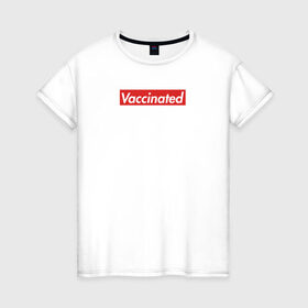 Женская футболка хлопок с принтом Vaccinated в Санкт-Петербурге, 100% хлопок | прямой крой, круглый вырез горловины, длина до линии бедер, слегка спущенное плечо | covid 19 | вакцина | вакцинация | ковид 19 | коронавирус | спасибо науке