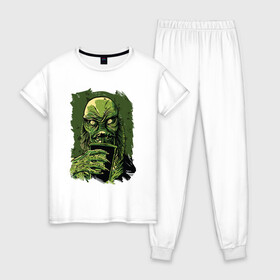 Женская пижама хлопок с принтом Болотный монстр с коктейлем в Санкт-Петербурге, 100% хлопок | брюки и футболка прямого кроя, без карманов, на брюках мягкая резинка на поясе и по низу штанин | 666 | astral | beast | bloody | creep | evil dead | funny | halloween | horror merch | milk shake | milkshake | monster | pinhead | scream | swamp | terror noise | астрал | болото | герои ужаса | молочный коктейль | прикол | трубочка | ужасы | 