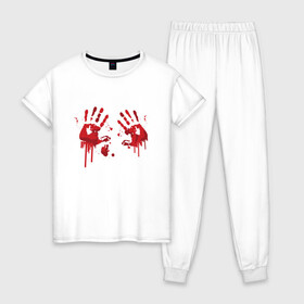 Женская пижама хлопок с принтом Кровавые отпечатки рук в Санкт-Петербурге, 100% хлопок | брюки и футболка прямого кроя, без карманов, на брюках мягкая резинка на поясе и по низу штанин | blood | bloody | creep | creepy | death | halloween | hand | hands | horror | kill | merch | murded | spooky | victim | жертва | капли | кровь | мерч | пятна | пятно | руки | след | следы | ужас | ужасы | ужасы мерч | хорро