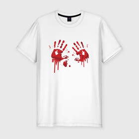 Мужская футболка хлопок Slim с принтом Кровавые отпечатки рук в Санкт-Петербурге, 92% хлопок, 8% лайкра | приталенный силуэт, круглый вырез ворота, длина до линии бедра, короткий рукав | blood | bloody | creep | creepy | death | halloween | hand | hands | horror | kill | merch | murded | spooky | victim | жертва | капли | кровь | мерч | пятна | пятно | руки | след | следы | ужас | ужасы | ужасы мерч | хорро