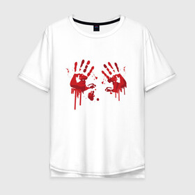 Мужская футболка хлопок Oversize с принтом Кровавые отпечатки рук в Санкт-Петербурге, 100% хлопок | свободный крой, круглый ворот, “спинка” длиннее передней части | blood | bloody | creep | creepy | death | halloween | hand | hands | horror | kill | merch | murded | spooky | victim | жертва | капли | кровь | мерч | пятна | пятно | руки | след | следы | ужас | ужасы | ужасы мерч | хорро