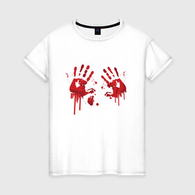Женская футболка хлопок с принтом Кровавые отпечатки рук в Санкт-Петербурге, 100% хлопок | прямой крой, круглый вырез горловины, длина до линии бедер, слегка спущенное плечо | blood | bloody | creep | creepy | death | halloween | hand | hands | horror | kill | merch | murded | spooky | victim | жертва | капли | кровь | мерч | пятна | пятно | руки | след | следы | ужас | ужасы | ужасы мерч | хорро