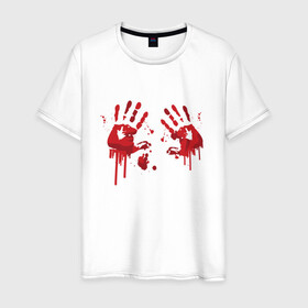Мужская футболка хлопок с принтом Кровавые отпечатки рук в Санкт-Петербурге, 100% хлопок | прямой крой, круглый вырез горловины, длина до линии бедер, слегка спущенное плечо. | Тематика изображения на принте: blood | bloody | creep | creepy | death | halloween | hand | hands | horror | kill | merch | murded | spooky | victim | жертва | капли | кровь | мерч | пятна | пятно | руки | след | следы | ужас | ужасы | ужасы мерч | хорро