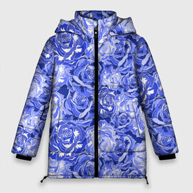 Женская зимняя куртка Oversize с принтом Голубые и синие розы в Санкт-Петербурге, верх — 100% полиэстер; подкладка — 100% полиэстер; утеплитель — 100% полиэстер | длина ниже бедра, силуэт Оверсайз. Есть воротник-стойка, отстегивающийся капюшон и ветрозащитная планка. 

Боковые карманы с листочкой на кнопках и внутренний карман на молнии | blue | flora | floral | flower | flowers | romantic | rose | roses | violet | букет роз | букет цветов | бутон | бутоны | день женщин | для девушек | для женщин | женский день | праздник | роза | романтика | садовая роза | флора