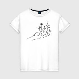 Женская футболка хлопок с принтом Hand flower в Санкт-Петербурге, 100% хлопок | прямой крой, круглый вырез горловины, длина до линии бедер, слегка спущенное плечо | flo | flowers | растения | флористика | цветение | цветы