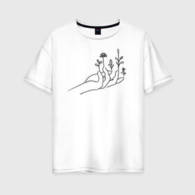 Женская футболка хлопок Oversize с принтом Hand flower в Санкт-Петербурге, 100% хлопок | свободный крой, круглый ворот, спущенный рукав, длина до линии бедер
 | flo | flowers | растения | флористика | цветение | цветы