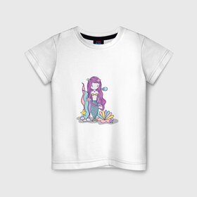 Детская футболка хлопок с принтом русалка в Санкт-Петербурге, 100% хлопок | круглый вырез горловины, полуприлегающий силуэт, длина до линии бедер | водросли | жемчужина | океан | ракушка | русалка