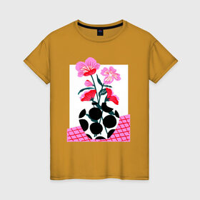 Женская футболка хлопок с принтом цветы в вазе в Санкт-Петербурге, 100% хлопок | прямой крой, круглый вырез горловины, длина до линии бедер, слегка спущенное плечо | 8 марта | весна | девушке | женский | мама | подарок | топ | тренд | феминизм | цветы