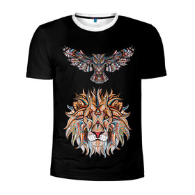 Мужская футболка 3D спортивная с принтом Лев и Сова в Санкт-Петербурге, 100% полиэстер с улучшенными характеристиками | приталенный силуэт, круглая горловина, широкие плечи, сужается к линии бедра | Тематика изображения на принте: animal | beast | cat | cute | fluffy | hunter | lion | lion cub | lion king | mane | predator | red | tail | tiger | yellow | большая кошка | голова тигра | грива | животное | зверь | король лев | кот | милый | охотник | пушистый | тигр | тиг