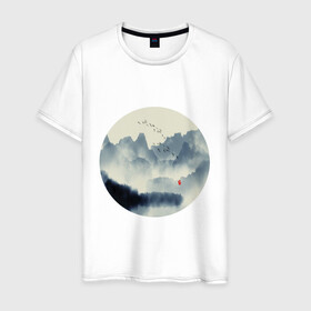 Мужская футболка хлопок с принтом Абстрактная природа в Санкт-Петербурге, 100% хлопок | прямой крой, круглый вырез горловины, длина до линии бедер, слегка спущенное плечо. | абстракция | азиатский | арт | минимализм | пейзаж | природа | рисунок | хипстер | японский