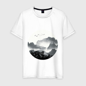 Мужская футболка хлопок с принтом Абстрактная природа в Санкт-Петербурге, 100% хлопок | прямой крой, круглый вырез горловины, длина до линии бедер, слегка спущенное плечо. | абстракция | азиатский | арт | минимализм | пейзаж | природа | рисунок | хипстер | японский