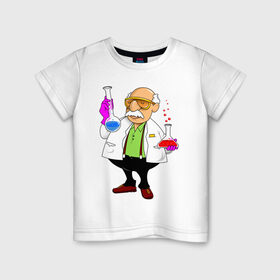 Детская футболка хлопок с принтом Ученый химик колбы в Санкт-Петербурге, 100% хлопок | круглый вырез горловины, полуприлегающий силуэт, длина до линии бедер | биолог | дедуля | дедушка | колбы | лаборант | очки | перчатки | профессор | умник | ученый | халат | химик
