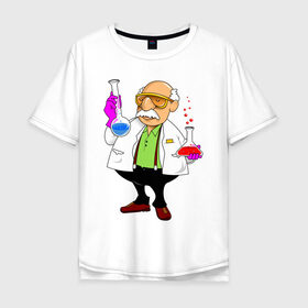 Мужская футболка хлопок Oversize с принтом Ученый химик колбы в Санкт-Петербурге, 100% хлопок | свободный крой, круглый ворот, “спинка” длиннее передней части | биолог | дедуля | дедушка | колбы | лаборант | очки | перчатки | профессор | умник | ученый | халат | химик