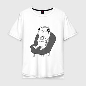 Мужская футболка хлопок Oversize с принтом кот в наушниках в Санкт-Петербурге, 100% хлопок | свободный крой, круглый ворот, “спинка” длиннее передней части | кот | котики | коты | кошка | музыка | наушники | телефон