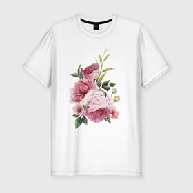 Мужская футболка хлопок Slim с принтом Акварельные розы в Санкт-Петербурге, 92% хлопок, 8% лайкра | приталенный силуэт, круглый вырез ворота, длина до линии бедра, короткий рукав | акварель | ботаника | весна | женственность | иллюстрация | нежность | рисунок | розы | цветы