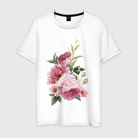 Мужская футболка хлопок с принтом Акварельные розы в Санкт-Петербурге, 100% хлопок | прямой крой, круглый вырез горловины, длина до линии бедер, слегка спущенное плечо. | Тематика изображения на принте: акварель | ботаника | весна | женственность | иллюстрация | нежность | рисунок | розы | цветы