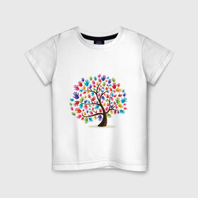 Детская футболка хлопок с принтом Дерево листья ладошка в Санкт-Петербурге, 100% хлопок | круглый вырез горловины, полуприлегающий силуэт, длина до линии бедер | дерево | детский | ладошки | листья | мир | отпечатки | природа | рисунок | руки | символ