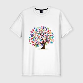 Мужская футболка хлопок Slim с принтом Дерево листья ладошка в Санкт-Петербурге, 92% хлопок, 8% лайкра | приталенный силуэт, круглый вырез ворота, длина до линии бедра, короткий рукав | дерево | детский | ладошки | листья | мир | отпечатки | природа | рисунок | руки | символ