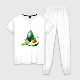 Женская пижама хлопок с принтом акварельное авокадо в Санкт-Петербурге, 100% хлопок | брюки и футболка прямого кроя, без карманов, на брюках мягкая резинка на поясе и по низу штанин | авокадо | акварель | брызги | веган | вегетарианец | здоровье | зож | правильное питание | рисунок