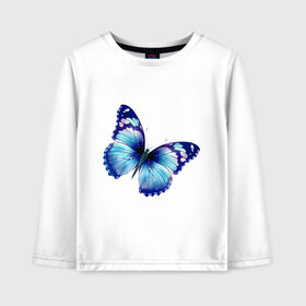 Детский лонгслив хлопок с принтом Синяя бабочка в Санкт-Петербурге, 100% хлопок | круглый вырез горловины, полуприлегающий силуэт, длина до линии бедер | бабочка | крылья | мотылек | насекомое | полет | рисунок | синий
