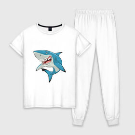 Женская пижама хлопок с принтом акула злая в Санкт-Петербурге, 100% хлопок | брюки и футболка прямого кроя, без карманов, на брюках мягкая резинка на поясе и по низу штанин | акула | злая | зубы | море | океан | опасность | пасть | природа | рисунок | рыба