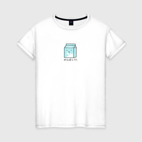 Женская футболка хлопок с принтом Kawaii milk в Санкт-Петербурге, 100% хлопок | прямой крой, круглый вырез горловины, длина до линии бедер, слегка спущенное плечо | kawaii milk | еда | иероглифы | кавайное молоко | милый | япония