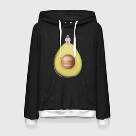 Женская толстовка 3D с принтом Космокадо в Санкт-Петербурге, 100% полиэстер  | двухслойный капюшон со шнурком для регулировки, мягкие манжеты на рукавах и по низу толстовки, спереди карман-кенгуру с мягким внутренним слоем. | avocado | drift | drifting | fruits | galaxy | milky | moon | planet | plant | ship | space | spaceship | star | suit | to | way | авокадо | галактика | звезда | корабль | космический | космонавт | космос | луна | млечный | планета | путь | растение | ска