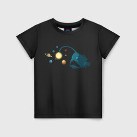 Детская футболка 3D с принтом Космическая угроза в Санкт-Петербурге, 100% гипоаллергенный полиэфир | прямой крой, круглый вырез горловины, длина до линии бедер, чуть спущенное плечо, ткань немного тянется | Тематика изображения на принте: angler | deep | galaxy | milky | moon | planet | sea | ship | space | spaceship | star | suit | surfing | travel | way | галактика | глубоководный | звезда | корабль | космический | космонавт | космос | луна | млечный | планета | путешествие | путь