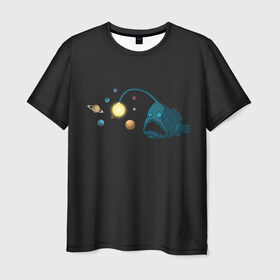 Мужская футболка 3D с принтом Космическая угроза в Санкт-Петербурге, 100% полиэфир | прямой крой, круглый вырез горловины, длина до линии бедер | angler | deep | galaxy | milky | moon | planet | sea | ship | space | spaceship | star | suit | surfing | travel | way | галактика | глубоководный | звезда | корабль | космический | космонавт | космос | луна | млечный | планета | путешествие | путь