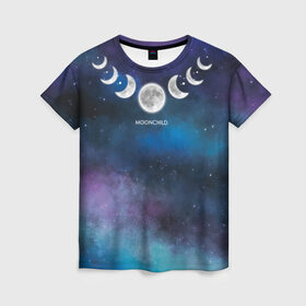Женская футболка 3D с принтом Moonchild в Санкт-Петербурге, 100% полиэфир ( синтетическое хлопкоподобное полотно) | прямой крой, круглый вырез горловины, длина до линии бедер | ведьма | волшебство | звезды | колдовство | космос | луна | лунное дитя | лунный цикл | магия | ночь | полная луна | полумесяц | фазы луны