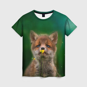 Женская футболка 3D с принтом Лисенок нюхает цветок в Санкт-Петербурге, 100% полиэфир ( синтетическое хлопкоподобное полотно) | прямой крой, круглый вырез горловины, длина до линии бедер | fox | foxy | животное | звери | лиса | лисенок | лисичка | милая | рыжая | фокс
