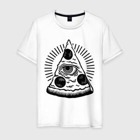 Мужская футболка хлопок с принтом Иллюминатская пицца в Санкт-Петербурге, 100% хлопок | прямой крой, круглый вырез горловины, длина до линии бедер, слегка спущенное плечо. | illuminati | tattoo | еда | иллюминат | иллюминатская пицца | кушанье | пицца | пицца с глазам | тату | татуировки | черный рисунок