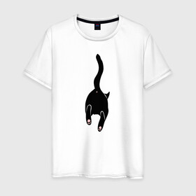 Мужская футболка хлопок с принтом Убегающий кот в Санкт-Петербурге, 100% хлопок | прямой крой, круглый вырез горловины, длина до линии бедер, слегка спущенное плечо. | Тематика изображения на принте: animals | cat | kitty | meow | животные | звери | киса | киска | кот | котенок | кошак | кошачьи лапки | лапки | милые создания | минимализм | мультяшный | мур | мяу | питомец | попка котика | прыжок | рисунок