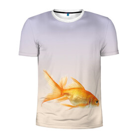 Мужская футболка 3D спортивная с принтом золотая рыбка в Санкт-Петербурге, 100% полиэстер с улучшенными характеристиками | приталенный силуэт, круглая горловина, широкие плечи, сужается к линии бедра | Тематика изображения на принте: аквариум | градиент | золотая рыбка | подводный мир | рыба | рыбешка | рыбка