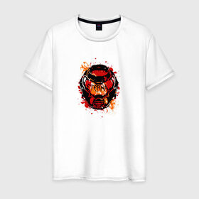 Мужская футболка хлопок с принтом Doom Eternal в Санкт-Петербурге, 100% хлопок | прямой крой, круглый вырез горловины, длина до линии бедер, слегка спущенное плечо. | doom eternal | брызги | герой | дум | думгай | игра | краска | маска | персонаж | шлем