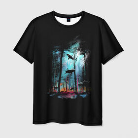 Мужская футболка 3D с принтом Shark forest в Санкт-Петербурге, 100% полиэфир | прямой крой, круглый вырез горловины, длина до линии бедер | bottom | colors | dusk | ecosystem | forest | paints | predator | predators | shark | sharks | tree | trees | акула | акулы | дерево | деревья | дно | краски | лес | сумерки | хищник | хищники | экосистема