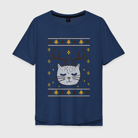 Мужская футболка хлопок Oversize с принтом Рождественский свитер с котом в Санкт-Петербурге, 100% хлопок | свободный крой, круглый ворот, “спинка” длиннее передней части | food | mandarins | mem | meme | new year | sweater | ugly | в слюнявчике | еда | жрать | жрац | кот | котяра | кушац | кушот | мем | мем с котом | мемы | неси | новый год | оливье | прикол | рождество | свитер | слюнявчик