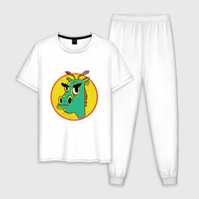 Мужская пижама хлопок с принтом Зеленый дракон в стиле ретро в Санкт-Петербурге, 100% хлопок | брюки и футболка прямого кроя, без карманов, на брюках мягкая резинка на поясе и по низу штанин
 | cartoon | cringe | crush | cute | dragon | fashion | hipster | merch | retro | vintage | винтаж | драго | дракон мерч | краш | кринж | мерч | милота | мультфильм | потертости | прикол | пятна | сережка | серьга | стиль | трещины | упоротый | 