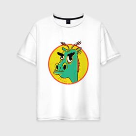 Женская футболка хлопок Oversize с принтом Зеленый дракон в стиле ретро в Санкт-Петербурге, 100% хлопок | свободный крой, круглый ворот, спущенный рукав, длина до линии бедер
 | cartoon | cringe | crush | cute | dragon | fashion | hipster | merch | retro | vintage | винтаж | драго | дракон мерч | краш | кринж | мерч | милота | мультфильм | потертости | прикол | пятна | сережка | серьга | стиль | трещины | упоротый | 