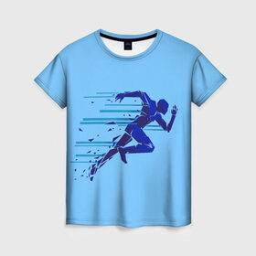 Женская футболка 3D с принтом Бегущий человек в Санкт-Петербурге, 100% полиэфир ( синтетическое хлопкоподобное полотно) | прямой крой, круглый вырез горловины, длина до линии бедер | бегущий человек | раннер | спорт | спринт | усилие