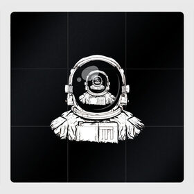 Магнитный плакат 3Х3 с принтом Скафандр с отражением его же в Санкт-Петербурге, Полимерный материал с магнитным слоем | 9 деталей размером 9*9 см | cosmonaut | граффити | картинка в картинке | космонавт | космос | рисунок | скафандр | скафандр с отражением его же | черный фон