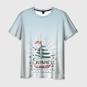 Мужская футболка 3D с принтом кораблик лето в Санкт-Петербурге, 100% полиэфир | прямой крой, круглый вырез горловины, длина до линии бедер | брызги | вода | волны | градиент | кораблик | лето | море | отдых | отпуск | парусник | фан | чайки | яхта