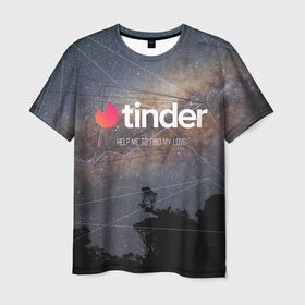 Мужская футболка 3D с принтом Tinder Find Love Тиндер в Санкт-Петербурге, 100% полиэфир | прямой крой, круглый вырез горловины, длина до линии бедер | Тематика изображения на принте: find | help | love | me | my | to | геометрия | звезды | знакомства | космос | небо | тиндер