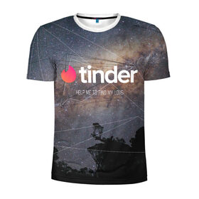 Мужская футболка 3D спортивная с принтом Tinder Find Love Тиндер в Санкт-Петербурге, 100% полиэстер с улучшенными характеристиками | приталенный силуэт, круглая горловина, широкие плечи, сужается к линии бедра | find | help | love | me | my | to | геометрия | звезды | знакомства | космос | небо | тиндер