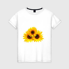 Женская футболка хлопок с принтом Подсолнухи в Санкт-Петербурге, 100% хлопок | прямой крой, круглый вырез горловины, длина до линии бедер, слегка спущенное плечо | желтый | лето | оранжевый | подсолнухи | рубэкия | румбекия | солнце | цветы | ярко