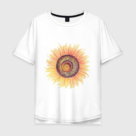 Мужская футболка хлопок Oversize с принтом большой подсолнух рисунок в Санкт-Петербурге, 100% хлопок | свободный крой, круглый ворот, “спинка” длиннее передней части | акварель | желтый | краска | лето | оранжевый | подсолнухи | рисунок | рубэкия | румбекия | солнце | цветы | ярко