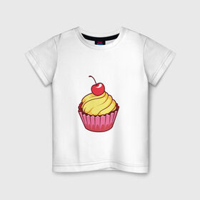 Детская футболка хлопок с принтом кекс с вишней в Санкт-Петербурге, 100% хлопок | круглый вырез горловины, полуприлегающий силуэт, длина до линии бедер | вишенка | вишня | вкусняшка | десерт | еда | желтый | кекс | кексик | крем | нямка | праздник | розовый | сладости | торт | тортик
