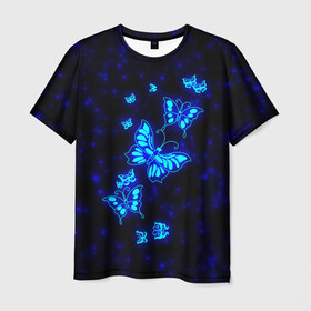 Мужская футболка 3D с принтом Неоновые бабочки в Санкт-Петербурге, 100% полиэфир | прямой крой, круглый вырез горловины, длина до линии бедер | butterfly | dream | fantasy | neon | space | stars | wings | бабочки | бабочки космос | блестящие | весна | вселенная | галактика | голубые бабочки | девочкам | девушкам | звезды | космические | космос | крыя | лето
