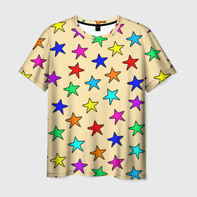 Мужская футболка 3D с принтом Детские звезды на песке в Санкт-Петербурге, 100% полиэфир | прямой крой, круглый вырез горловины, длина до линии бедер | Тематика изображения на принте: baby | colorfull | disco | kids | stars | девочкам | детские рисунки | детям | диско | звездочки | звезды | конфетти | лето | малыш | ночные | орнамент | песок | пляж | праздник | радужные | разноцветный узор