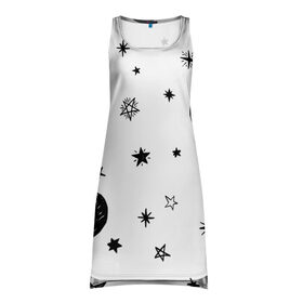 Платье-майка 3D с принтом Звездное небо в Санкт-Петербурге, 100% полиэстер | полуприлегающий силуэт, широкие бретели, круглый вырез горловины, удлиненный подол сзади. | звездное небо | звездочки | звезды | космос | минимализм | полумесяц
